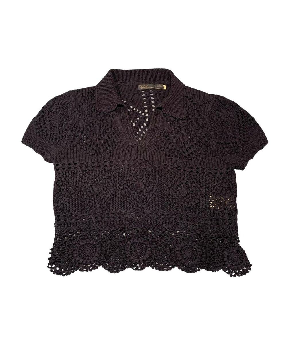 Polo Ralph Lauren Womens Luxe Boho Crochet Polo Neck Sweater Size L Navy Blue